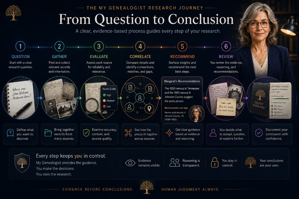 Illustration showing the evidence-based genealogy research workflow from question through gather, evaluate, correlate, recommend, and review to a documented conclusion.